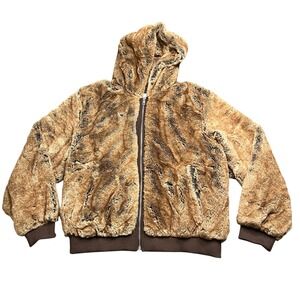 Hollister Faux Fur Hooded Jacket Men's XL Tan Bomber Coat Y2K 332-413-00083-400